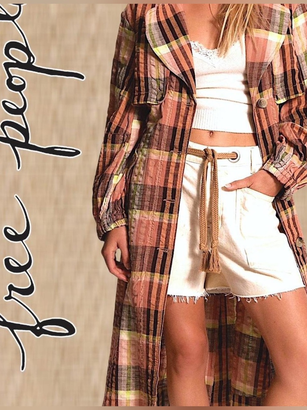 Free People Plaid Long Button-Down Trench/Duster Coat - Brown, Pink & Yellow